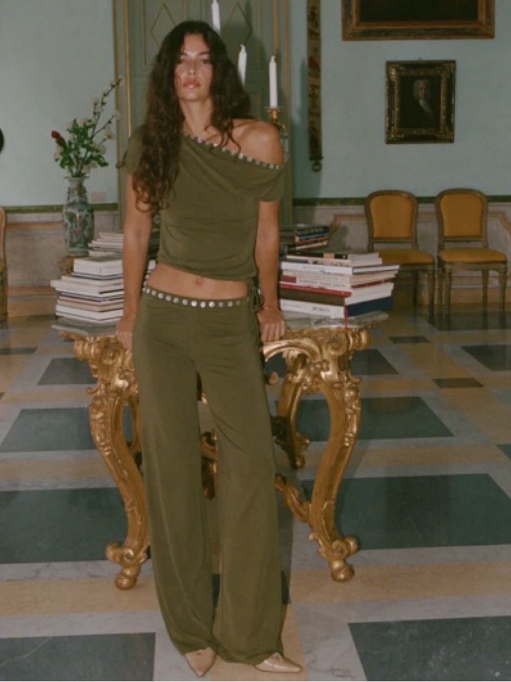 NWT With Jean Benny Pants in Khaki/ Olive Green Wide-Leg